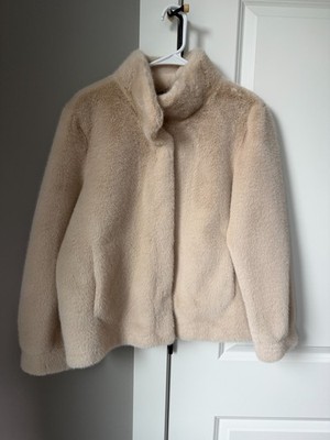 Women s Beige Faux Fur Teddy Coat Stand Collar Hook Button Winter Warm Jacket