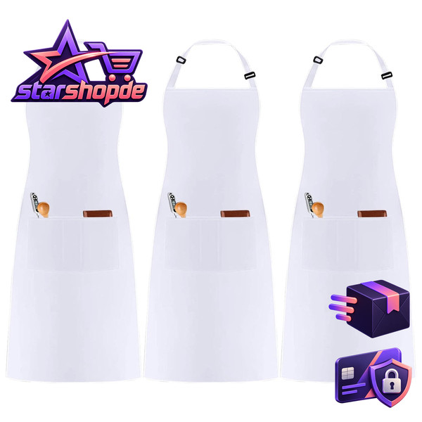 KochschüRze Verstellbar Weiß Mit 3 Taschen FüR Herren Damen Gastronomie 3 StüCk-image