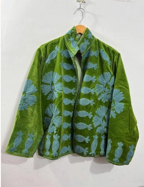 Unisex Green Velvet Suzani Jacket~Embroidery Coat For Fashionable~Handmade