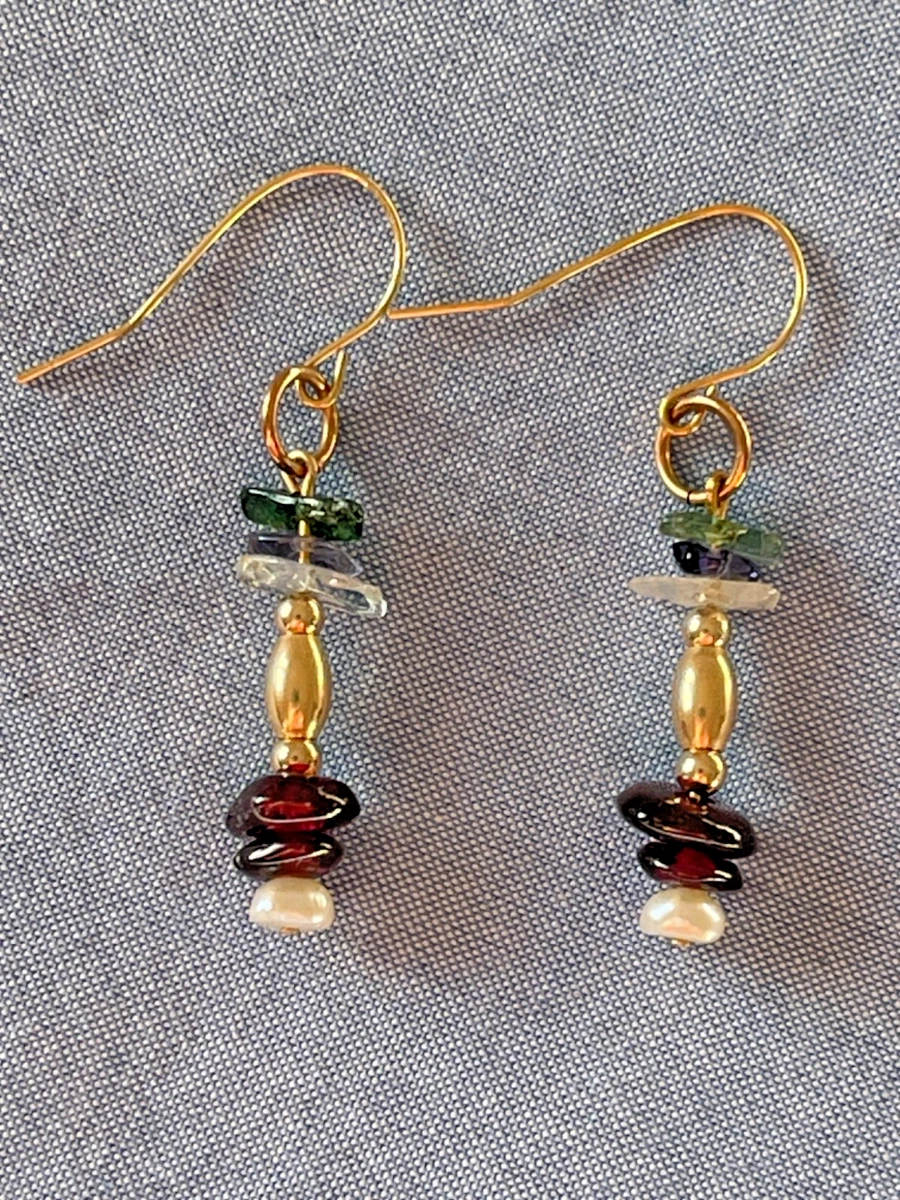 9ct gold earrings ~ Garnet, Pearl, Tourmaline and Aquamarine semi precious chips