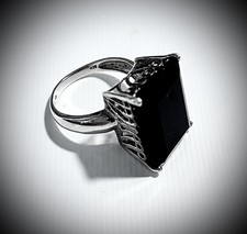BLACK AGATE 925 STERLING SILVER Art Deco Filigree Ring Solid Band Large Stone