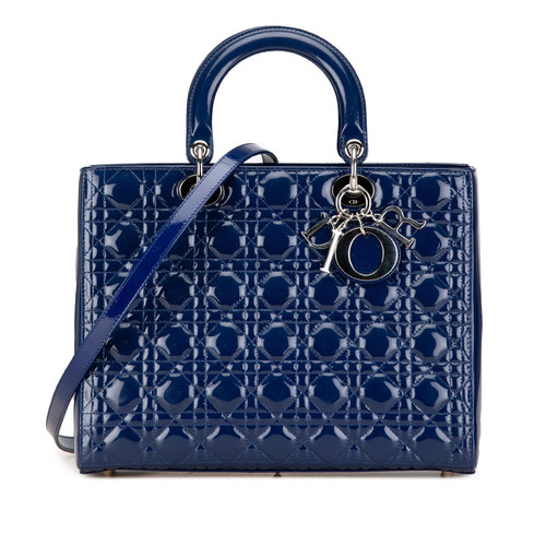 Authenticated Dior Large Patent Cannage Lady Dior Blue Leather Satchel
