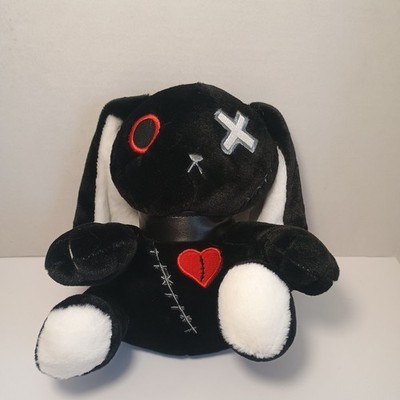 Black Rabbit Plushie Gothic With Hearts & Stitches - Halloween Toy, Bunny