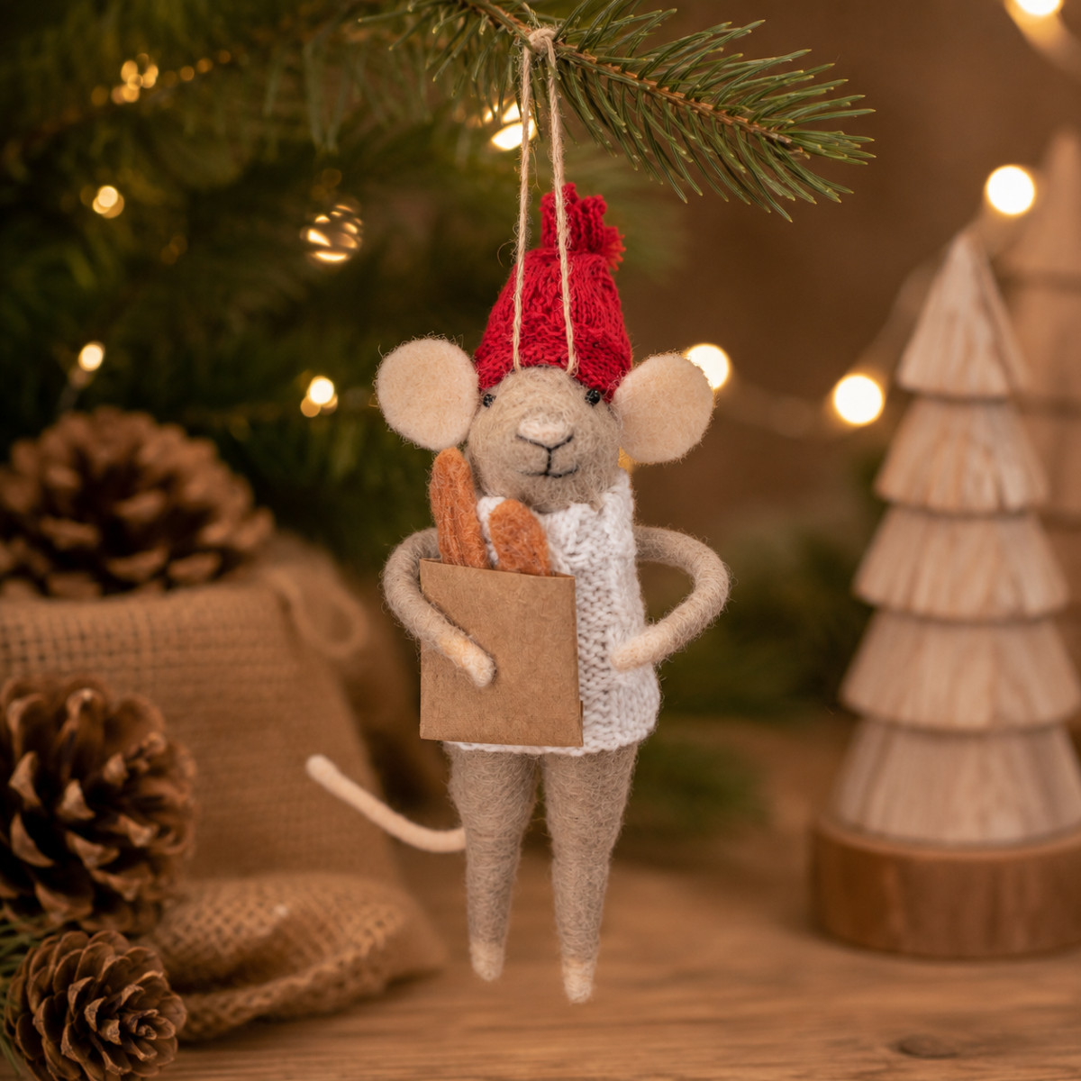 Sass & Belle Felt Mouse with Baguette Christmas Tree Decoration Rustic Twine