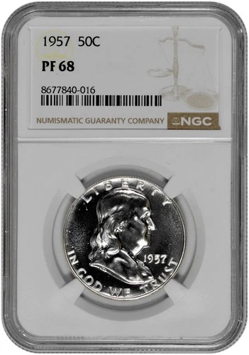 1957 50C Proof Silver Franklin Half Dollar NGC Graded PF 68 in New Holder