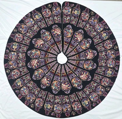 Handmade Needlepoint Christmas Tree Skirt Wool Notre Dame Cathedral Stain Glass 