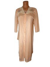 Vtg 2PC Pink Nightgown Robe Lace Floral Embroidery Nylon Small MIDI