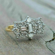 Baguette Cut 3.50Ct Diamond Cluster Engagement Ring 14K Yellow Gold Over Size S