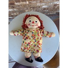 Vintage Raggedy Ann Cloth Doll Red Yarn Hair Floral Dress I Love You Heart 15in