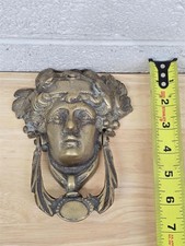 Vintage Brass Door Knocker Figural Lady Woman Face Leaf Motif Solid Cast