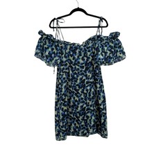 Topshop Frill Bardot Tie Off Shoulder Blue Leopard Animal Mini Dress 14 NWT
