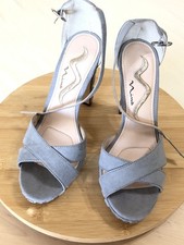 Nina Heels Blue Gray Ankle Strap Sandals w/studded Mirror Blocks Heels Size 6