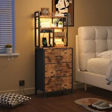  Night Stand, Tall Nightstand with Charging Station and LED Rustic Brown