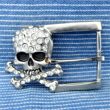 Skull Crossbones Belt Buckle Rhinestones Biker Goth Halloween Cosplay Vtg.PCB491