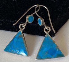 VINTAGE SUNDANCE CATALOG STERLING SILVER TURQUOISE TRIANGLE DANGLE HOOK EARRINGS