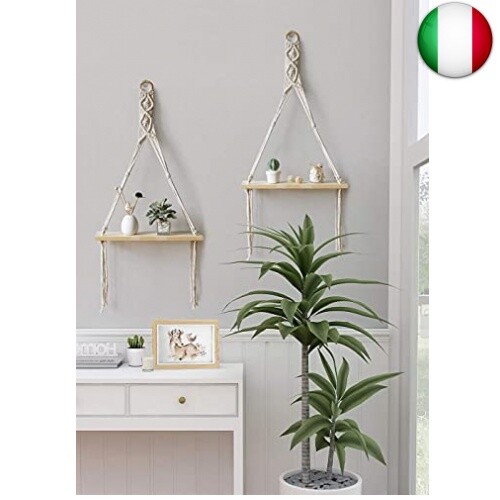 Afuly Mensole da Muro Legno Grezzo Boho Macrame Design Bagno/Cameretta/Balcone - Foto 7 di 9