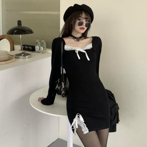 Square neck lace trim bow detail long sleeve mini dress Party Night Out Size XXS