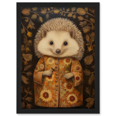 Herbstlicher Igel im Sonnenblumengewand modernes Kunstwerk gerahmter Wandbilddruck A4