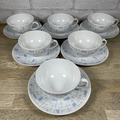 Arzberg ARZ30 Porzellan Tasse & Untertasse Set für 6 weiß grau blau Gitter Design Stil
