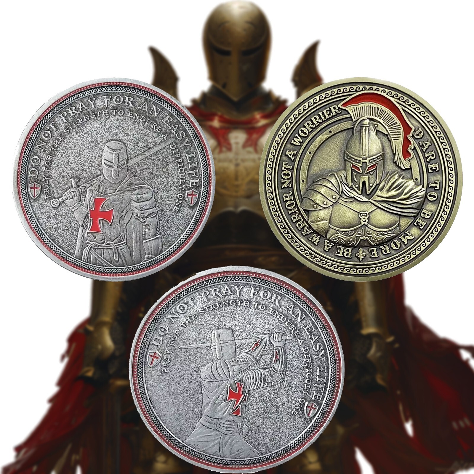 Knights Templar Crusader Sword Shield Life Creed Token Pray Challenge Coins 3Pcs-image