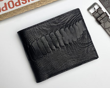 Black Leather Bifold Wallet Real Ostrich Leg Skin Handmade RFID Blocking