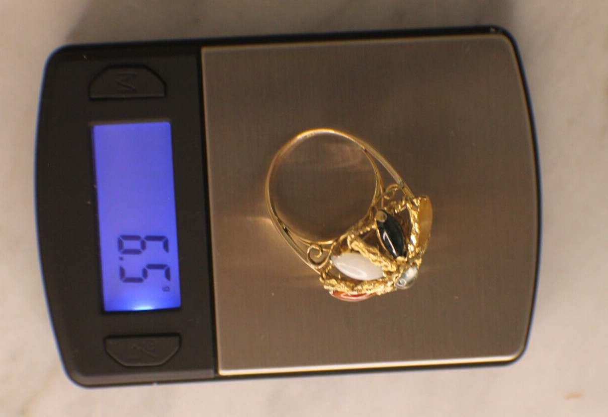 Solid 14K Yellow Multi Colored Jade Ring Estate M… - image 9