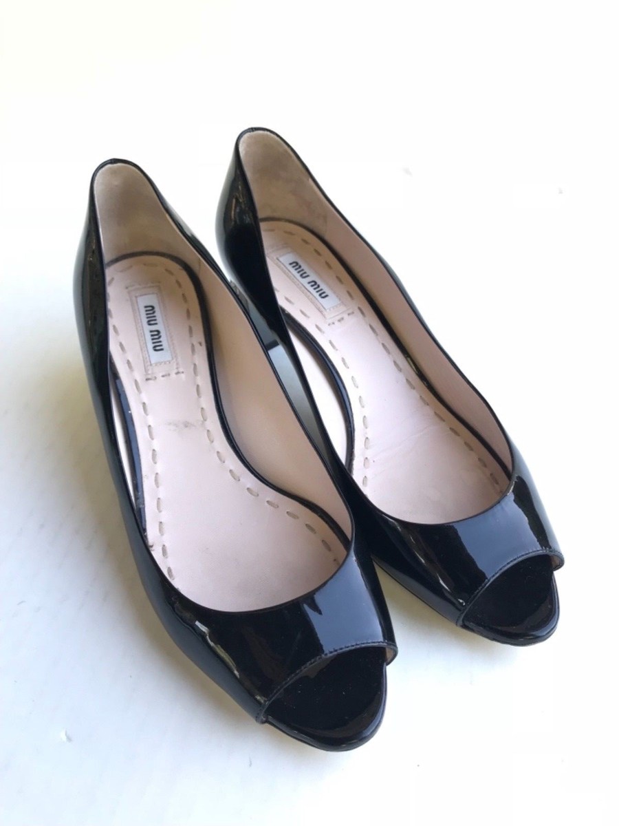 MIU MIU EMBELLISHED JEWELED CRYSTAL HEEL BLACK PATENT LEATHER