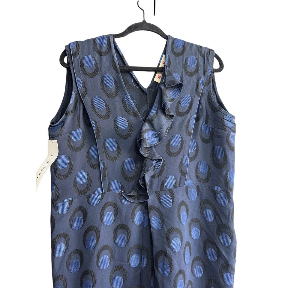 Marni Navy Blue Polka Dot Sleeveless Ruffle Dress Designer Dress Size 42 - Image 4 of 4
