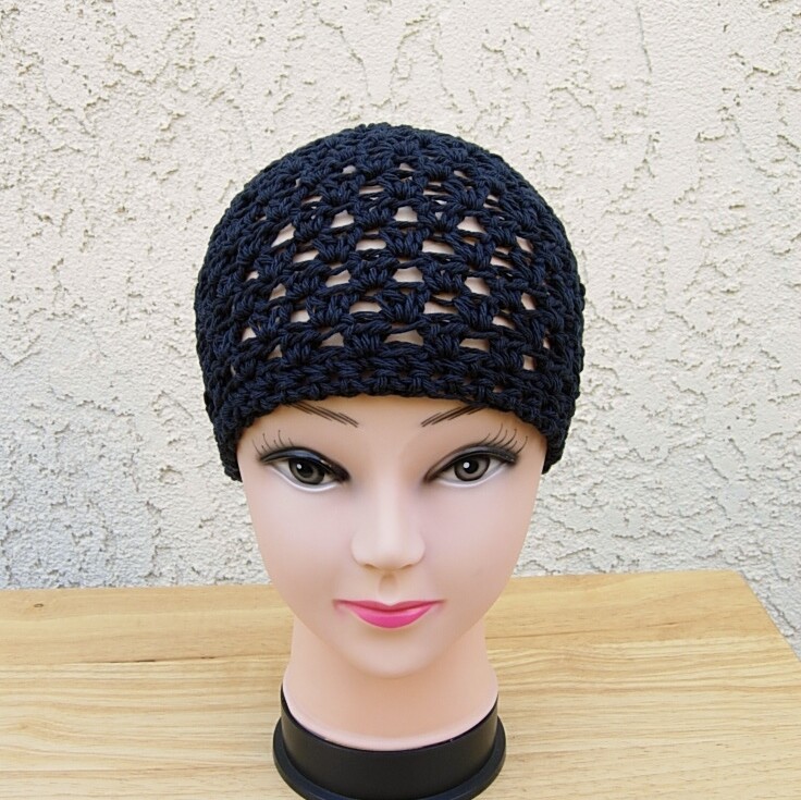 Solid Black Cotton Crochet Knit Hat Summer Beanie Women's Chemo