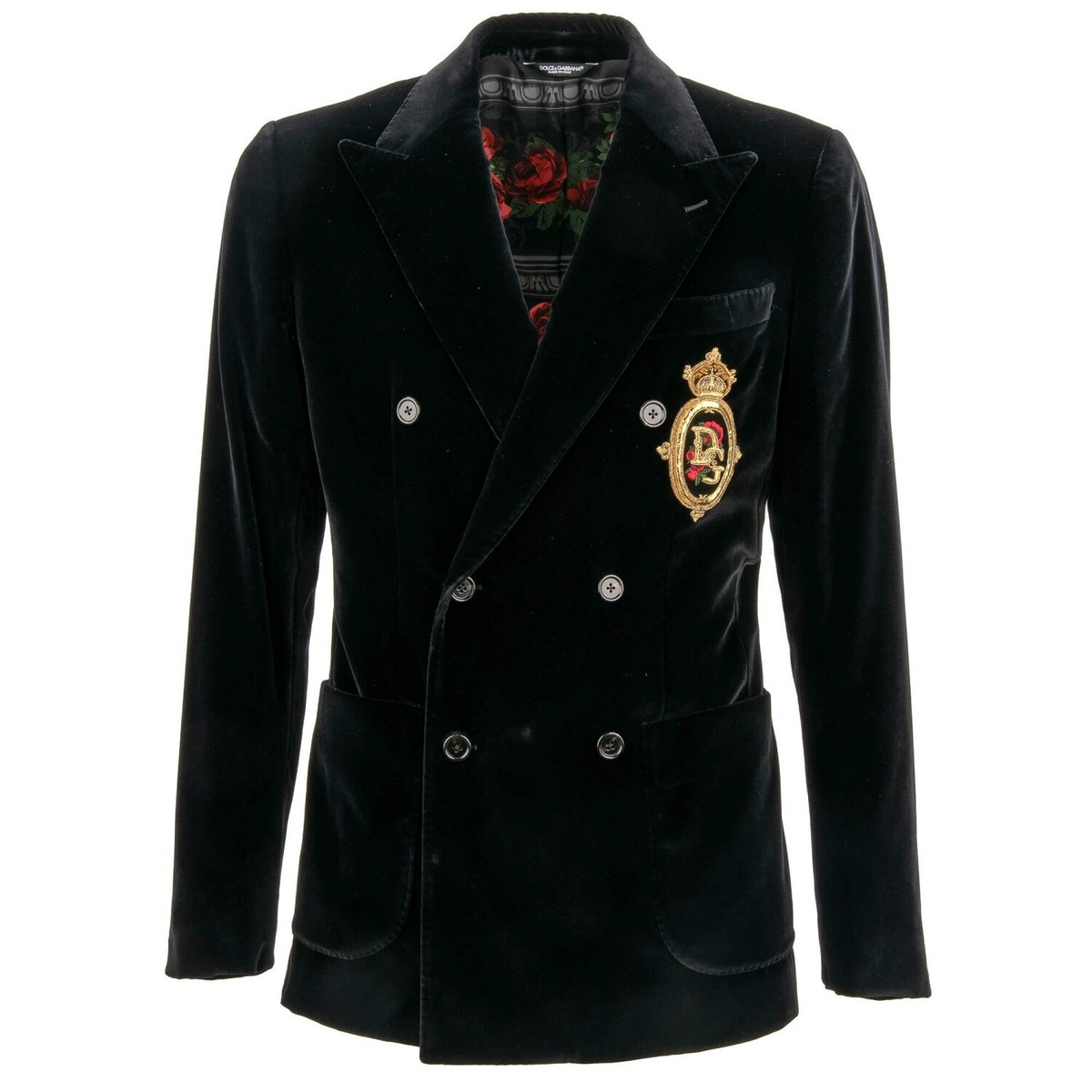 ジャケット DOLCE & GABBANA Black Velvet Blazer DOLCE & GABBANA DG Logo Gold Coat of Arms Velvet Blazer