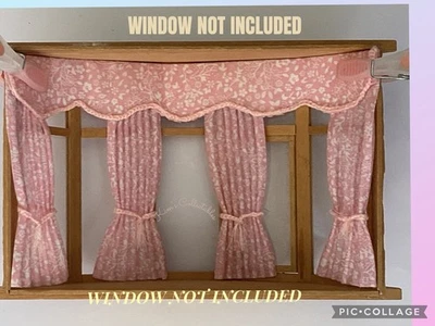 Dolls house bay window curtains - Pink with flowers - 1:12th 5" long - Image 1 of 4