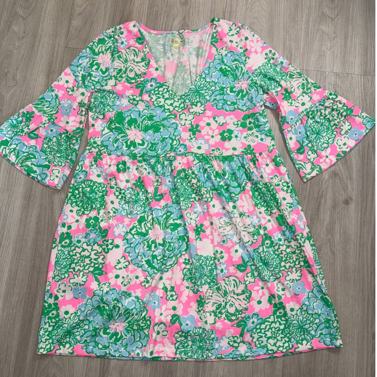 Lilly Pulitzer XL Pink Green Blue Floral V-Neck Bell Sleeve Empire Waist Dress
