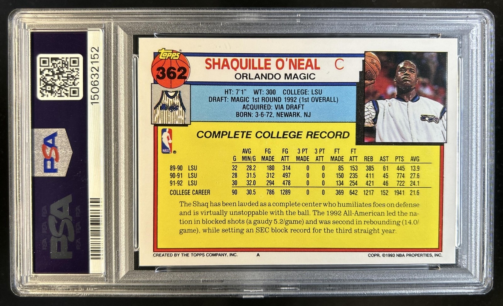 1992-93 Topps Shaquille O'Neal Rookie RC #362 Magic PSA 8 view 2