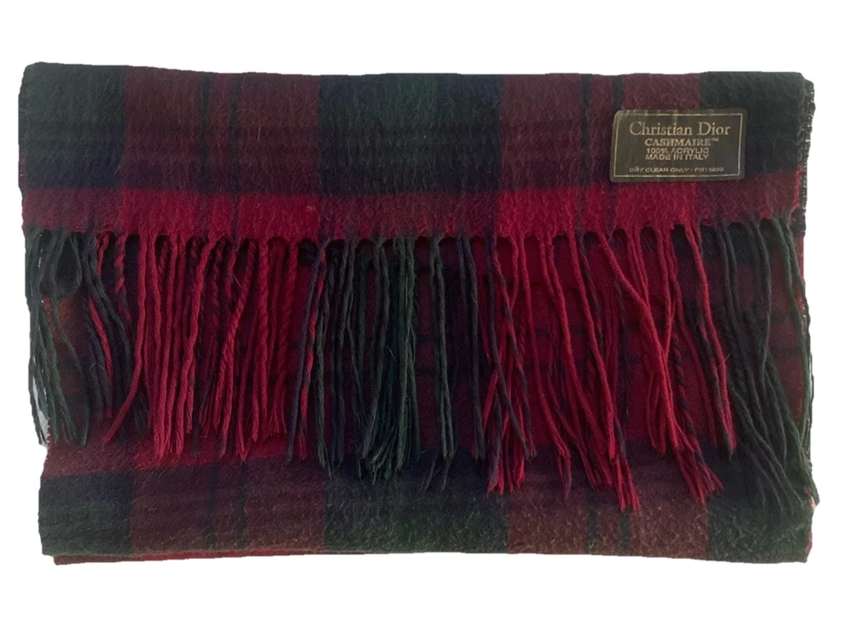 Bufanda vintage Christian Dior Monsieur a cuadros cachemir acrílico Italia Borgoña Foto 2 de 4