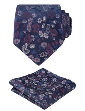 Mens 3.15inches Flower Patterned Tie with Floral Printed Pocket Square Navy P...