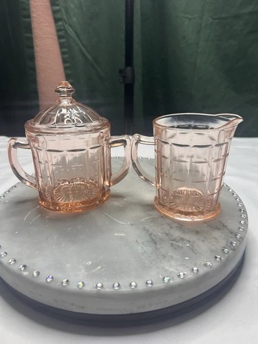 Vintage PINK Depression*4" CREAMER & SUGAR w/LID*