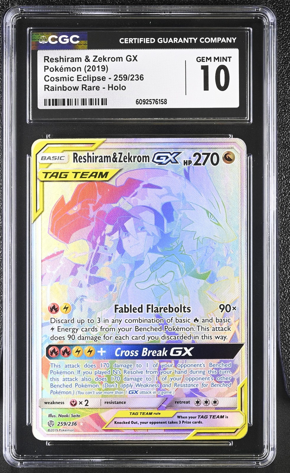 CGC 10 GEM MINT Reshiram & Zekrom GX Cosmic Eclipse 259/236 Rainbow Rare Pokemon