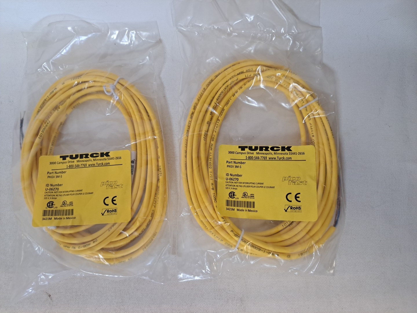 Lot of 2 TURCK PKGV 3M-5 Actuator and Sensor Cable NEW