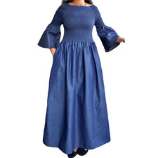 Women’s Long Denim Maxi Dress 100% Cotton Free Size & Plus Size Smocked Flare