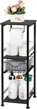 Toilet Paper Storage Cabinet Black Small Bathroom Side Shelf with Drawer Narrow