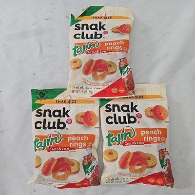 3-PACK SNAK CLUB Tajin CHILI & LIME PEACH Rings Snack Size Bags 2.5 Oz