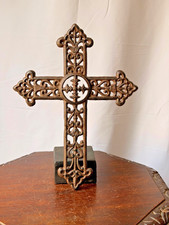 Vintage Cast Iron Wall Cross Decorative Gothic Filigree Fleur De Lis Metal Art