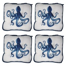 Nautical Octopus Chair Cushions - Reversible Tied Seat Pads - Set of 4