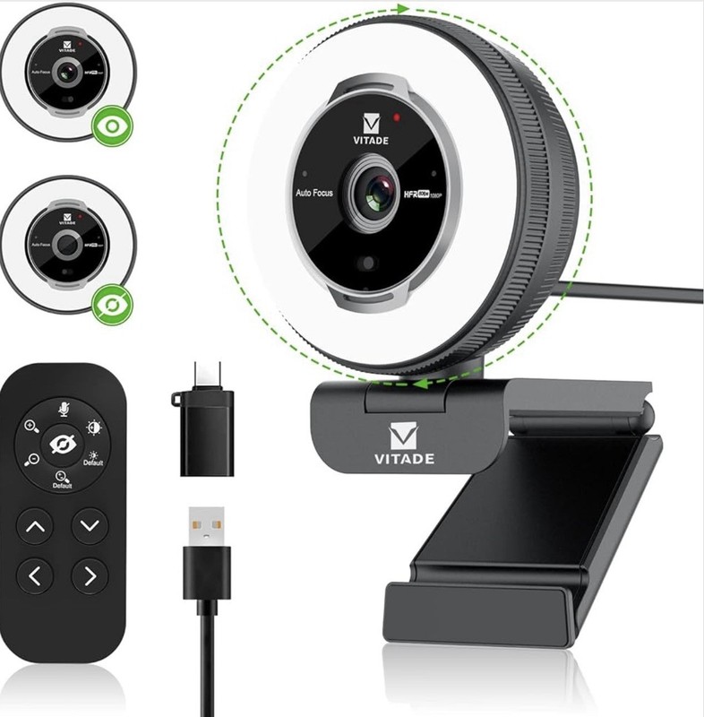 VITADE 960A 1080P FHD Webcam with Ring Light, Streaming Webcam for PC with Dual