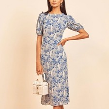 Reformation Palmer Blue White Surfboard Floral Midi Dress Size 6