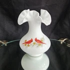 Fenton Milk Glass Cardinals In Winter Ruffled Vase Handpainted Sign V. Hendricks