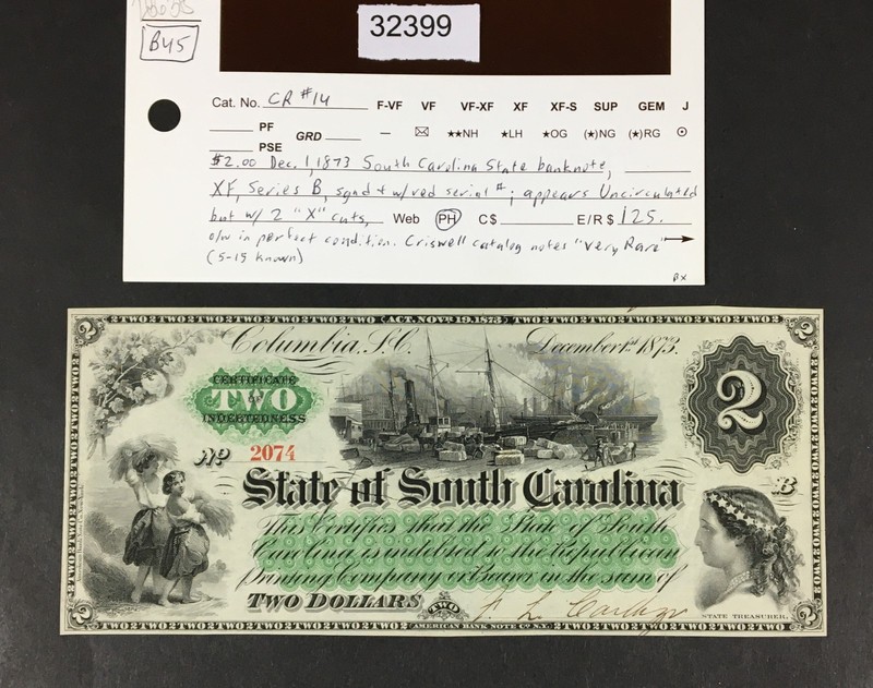 MOMEN US $2 CONFEDERATE STATE OF SOUTH CAROLINA OBSOLETE NOTE LOT #32399