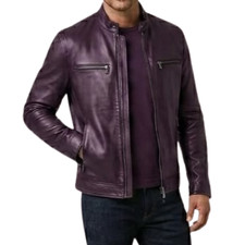 Men's Purple Genuine Leather Jacket Sleek Minimalist Cafe Racer Bomber Fashion