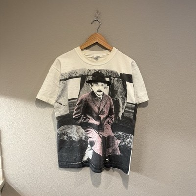 VTG 90s Andazia Albert Einstein Stone Henge AOP T-shirt Size Large Made In USA