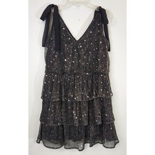 LULUS Maddisun Womens Black & Silver Metallic Star Ruffle Mini Dress-Size Large